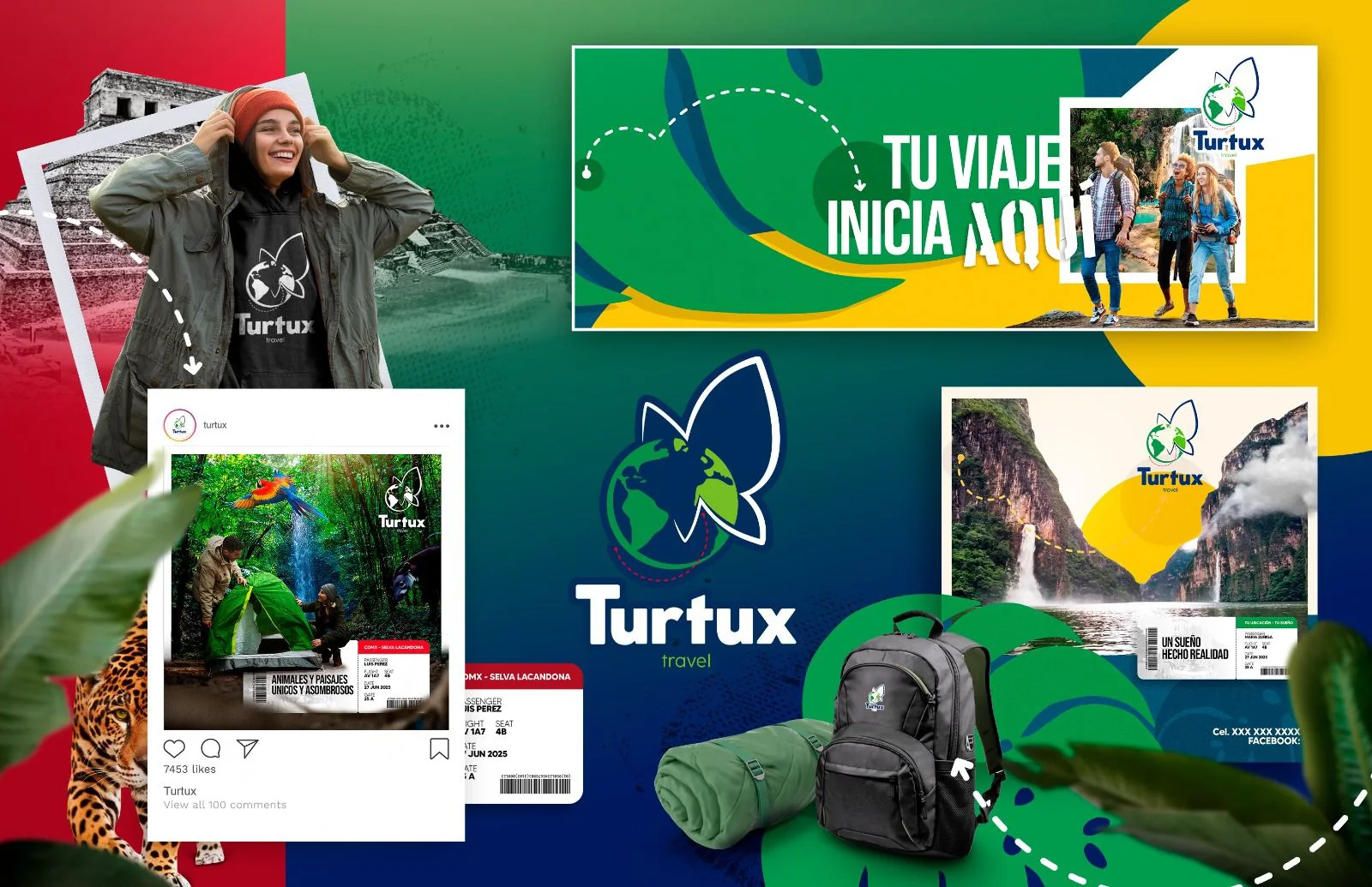 Diseño de marca Turtux Travel con viajes, naturaleza y aventura
